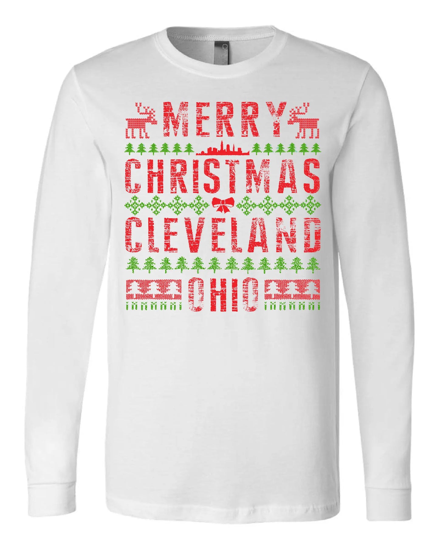 Merry Christmas Cleveland Ohio on long sleeve with long sleeve with festive red and green holiday design featuring reindeer, Christmas trees, and Cleveland skyline
