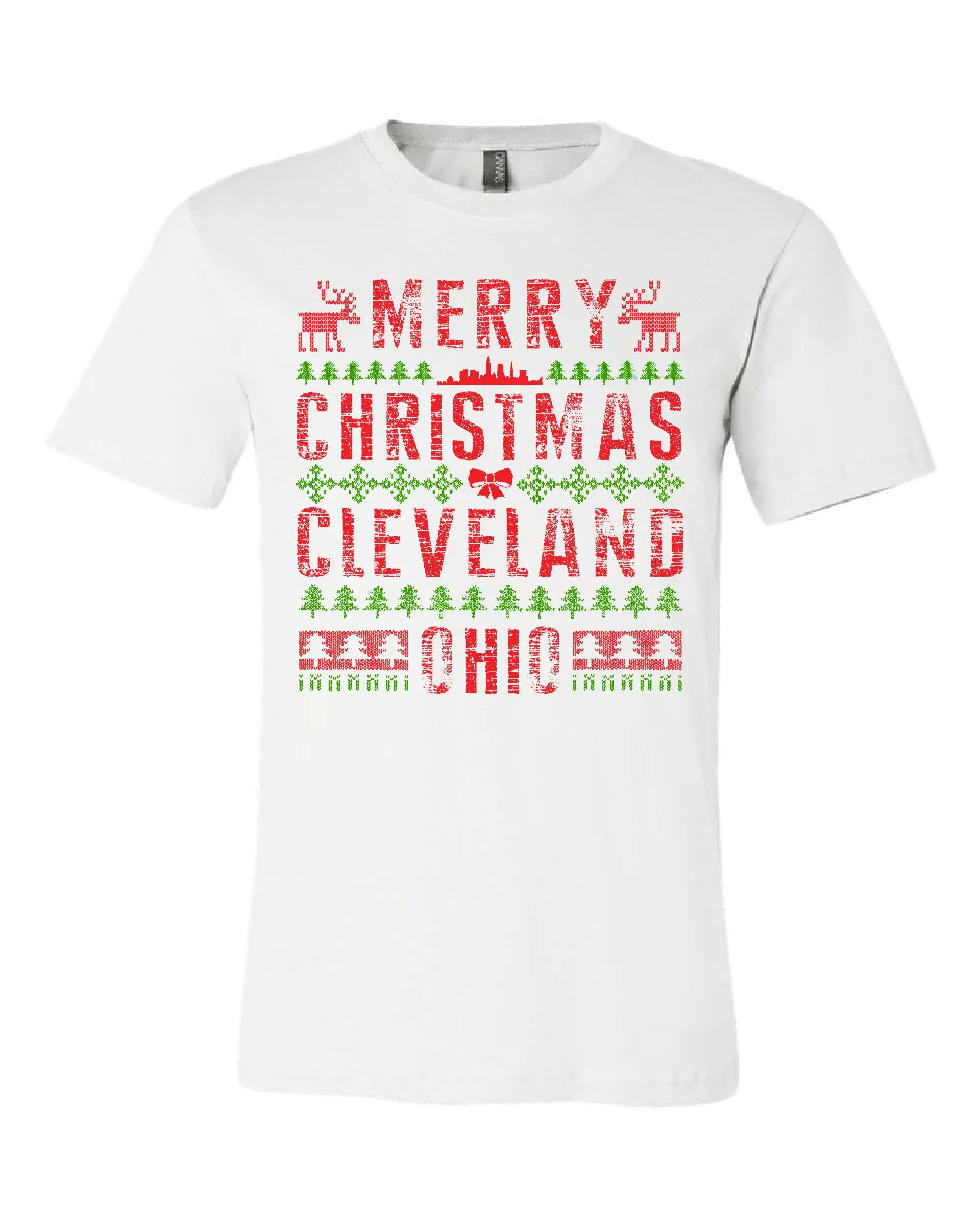Merry Christmas Cleveland Ohio on   t-shirt with festive red and green holiday design featuring reindeer, Christmas trees, and Cleveland skyline.