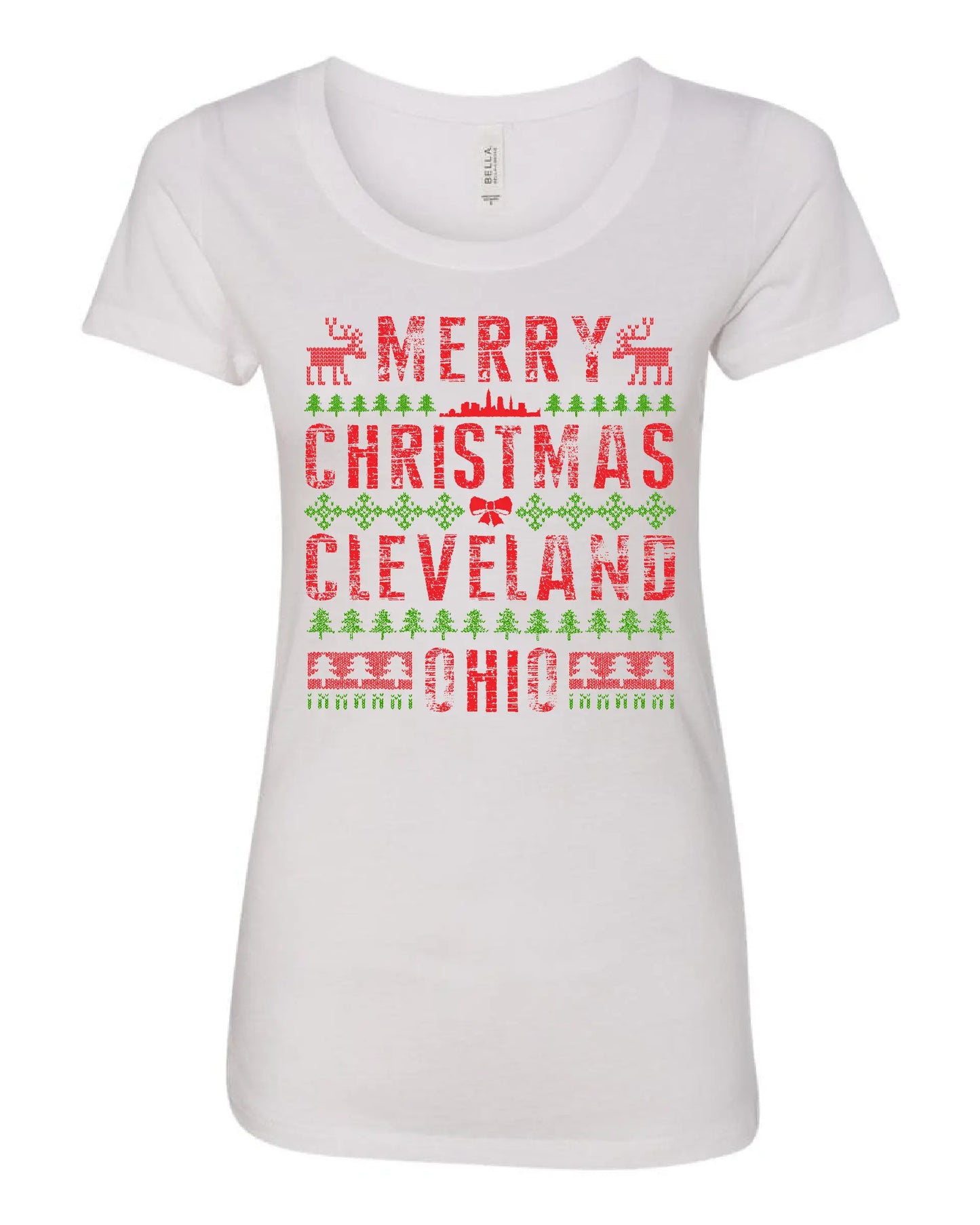Merry Christmas Cleveland Ohio on   t-shirt with festive red and green holiday design featuring reindeer, Christmas trees, and Cleveland skyline.