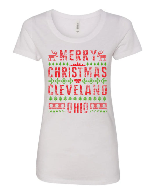 Merry Christmas Cleveland Ohio on   t-shirt with festive red and green holiday design featuring reindeer, Christmas trees, and Cleveland skyline.